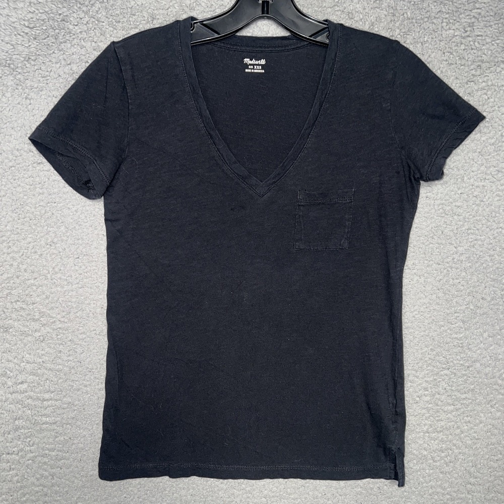 Madewell T Shirt Women's Sz 2XS XXS Black Plain Whisper Cotton V-Neck Pocket Tee